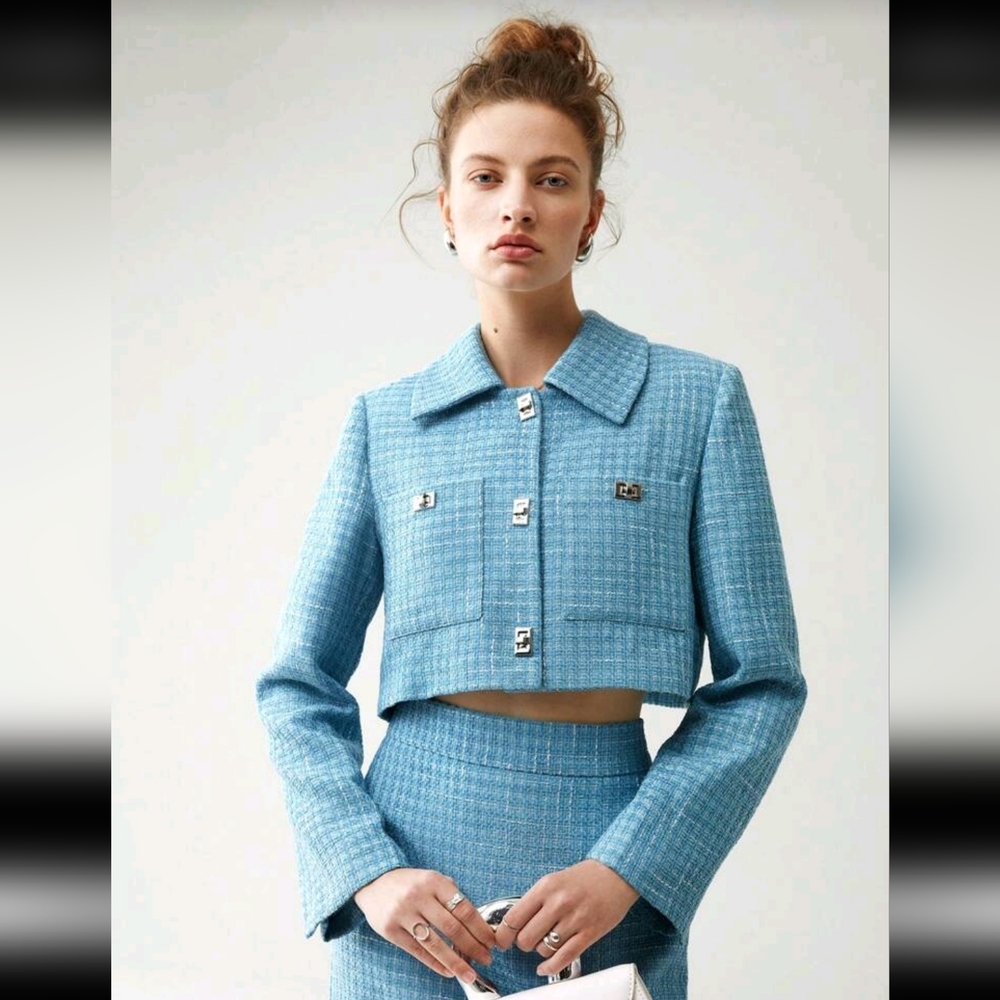 Blue Tweed Crop Jacket – L, Like New